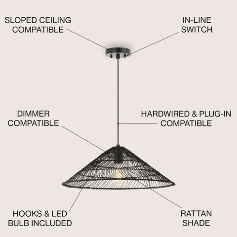 Black 1 Light Farmhouse Coastal LED Pendant with rattan cone shade, 20.25 inch height, 180 inch cord, dimmer compatible.