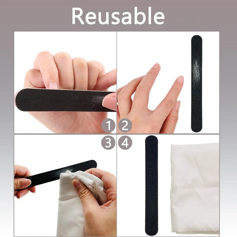 Four images of the Pro Grade Nail File And Buffer Block Kit showing usage for buffing and shaping nails, and file cleaning.
