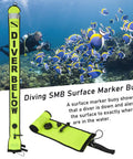 4 Foot Surface Marker Buoy For Scuba With Reflective Strip in ocean setting, Diver Below markings shown next to vibrant marine life.