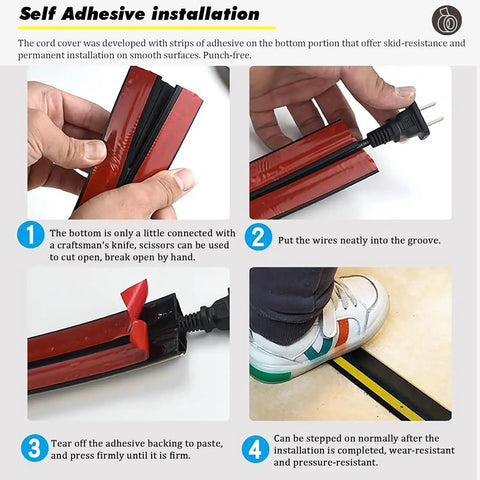 Self-adhesive installation of Heavy Duty Wire Protector Tubing With Non Slip Surface Stick-On Cable Covers for floor and wall.