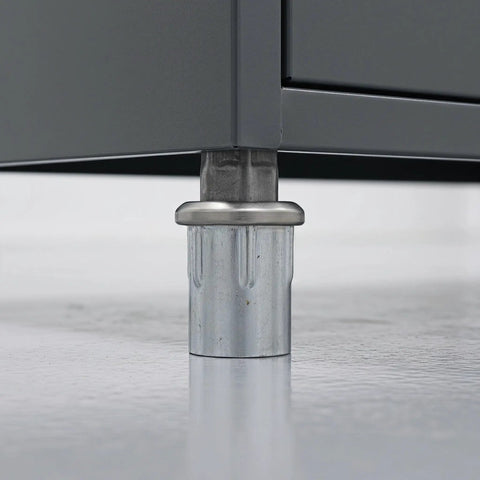 Four Pack Adjustable Cabinet Feet Stainless Steel Leveling Bullets Two Point Eight To Three Point Six Inches High For Metal Shelving Desks Wardrobes Fits One Point Five Inch OD Tubes Keeps It Steady And Rust Free supporting cabinet