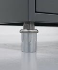 Stainless steel adjustable height furniture leveling feet set of 4 in stainless steel, close-up of bullet leg leveler under furniture.