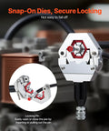 Hydraulic Hose Crimper Kit for Automotive Air Conditioning Repair With Seven Dies and Snap-On Carrying Case, tool locking mechanism