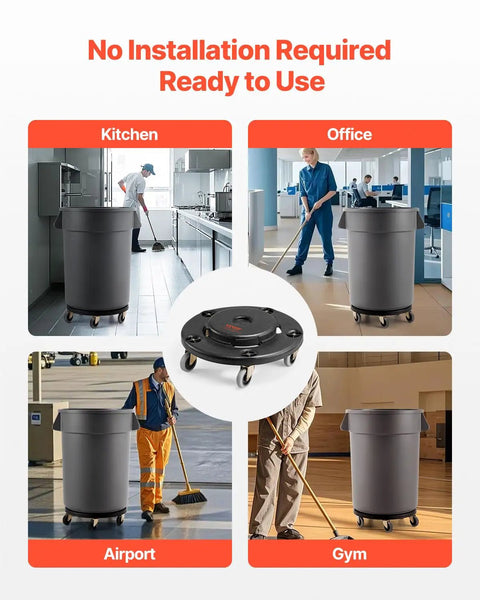 Heavy Duty Trash Can Dolly For 20 32 44 And 55 Gallon Bins Two Pack in kitchen, office, airport, and gym settings with smooth wheels.
