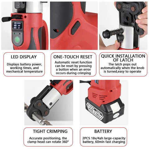 Eiwitany Portable Cordless Hydraulic Pipe Press Tool 18V Wireless Crimping Machine 38KN Output For Stainless Steel Pipes LED Light Included Professional Automatic Press For 16-28.6mm Tubing Easy Use with LED display and quick latch installation.