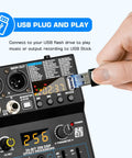 Five Channel DJ Mixer With 256 DSP Effects And USB Bluetooth MP3 Playback, 48V Phantom Power, USB flash drive inserted