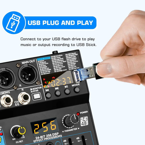 Five Channel DJ Mixer With 256 DSP Effects And USB Bluetooth MP3 Playback, 48V Phantom Power, USB flash drive inserted