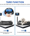Digital Shipping Scale With 660 Lb Capacity For Heavy Packages, showing tare function with empty and loaded pet bed