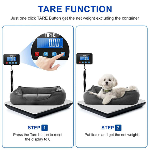 Digital Shipping Scale With 660 Lb Capacity For Heavy Packages, showing tare function with empty and loaded pet bed
