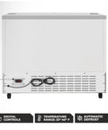 Back view of Built Like A Tank Heavy Duty Commercial Milk Cooler Refrigerator For Schools And Cafeterias With Smooth Heavy Duty Casters 12 Crate Stainless Steel Beverage Chiller Etl Certified with digital controls.