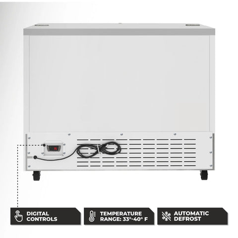 Back view of Built Like A Tank Heavy Duty Commercial Milk Cooler Refrigerator For Schools And Cafeterias With Smooth Heavy Duty Casters 12 Crate Stainless Steel Beverage Chiller Etl Certified with digital controls.
