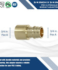 Ten Piece PEX A To Three Quarter Inch Female Sweat Adapters F1960 Expansion Fittings Pack For Potable Water And Hydronic Heating Universal Compatibility With Expander Tool And Sleeves - single brass adapter close-up