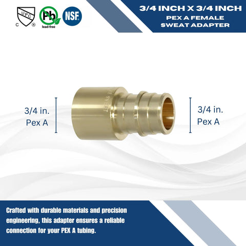 Ten Piece PEX A To Three Quarter Inch Female Sweat Adapters F1960 Expansion Fittings Pack For Potable Water And Hydronic Heating Universal Compatibility With Expander Tool And Sleeves - single brass adapter close-up