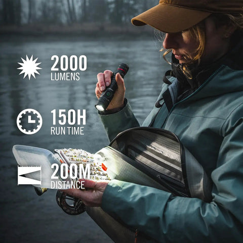Person using PX200R 2000 Lumen Rechargeable LED Flashlight With Twist Focus USB C Two Position Pocket Clip outdoors at lake.