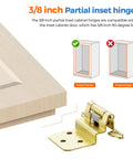 3/8 Inch Inset Cabinet Hinge with Brushed Gold Finish and Compatibility Guide for Face-Frame or Frameless Use.