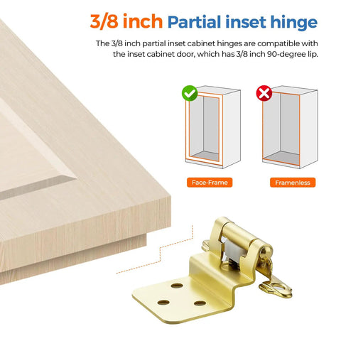 3/8 Inch Inset Cabinet Hinge with Brushed Gold Finish and Compatibility Guide for Face-Frame or Frameless Use.