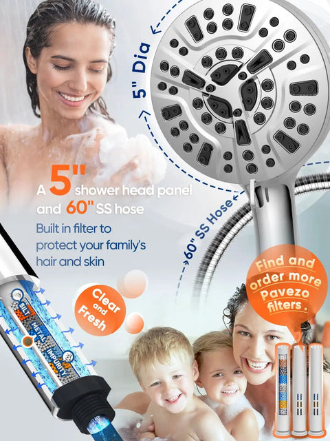 High Pressure Handheld Shower Head With 60 Inch Stainless Steel Hose 10 Settings 6 Zone Powerhead Detachable Design