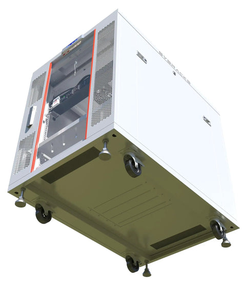 No Sweat 18U Floor Standing Server Rack In Gray At 35 Inch Depth with view of removable side panels and wheels.