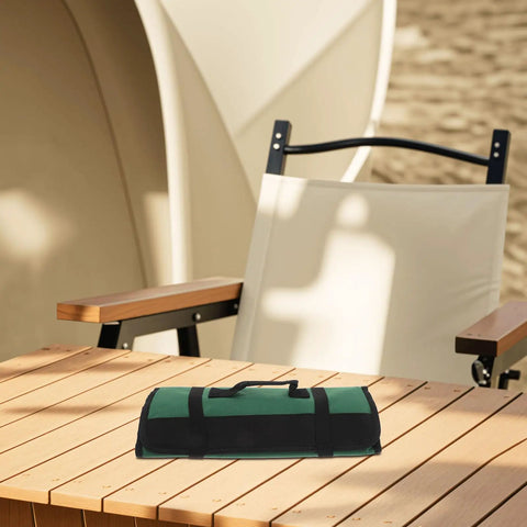 Portable Chef Knife Roll Bag With Roll Up Design Multiple Pockets And Large Capacity Fabric Construction on picnic table