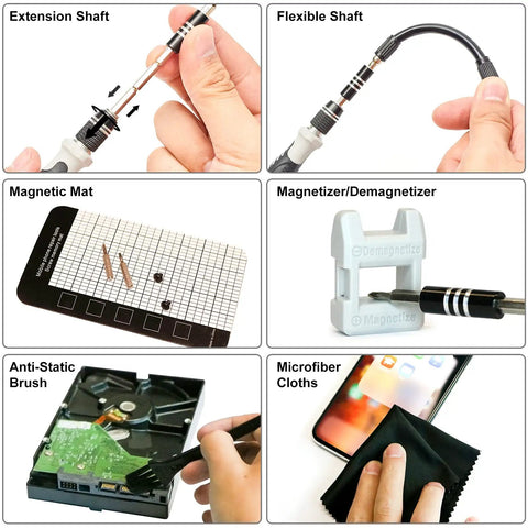 Real Deal Precision Screwdriver Set Featuring 124 Tools Including 101 Driver Bits For Slick Electronics Mobile Phone Laptop And Gaming Console Repairs Built Tough For Quick Fixes showing extension shaft, flexible shaft, magnetic mat, and tools.