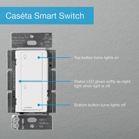 Front view of Caseta Smart Light Switch with hub required, control from app or voice, schedule scenes, white finish, buttons labeled.