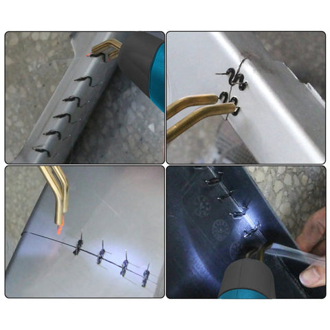 Close-up of 80W Plastic Welder Kit for Cars and DIY Repairs in use on metal surface, showcasing welding torch and repair process.