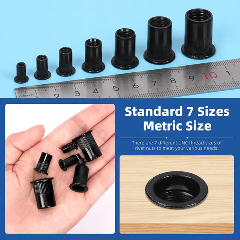 320 Piece Metric Rivet Nuts Kit M3 Through M12 With Flat Head Rivnut Inserts Black Zinc Plated Carbon Steel