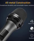 Dynamic Handheld Karaoke Microphone With Cardioid Pattern for Studio Quality Sound, showing all-metal construction and features.