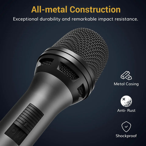 Dynamic Handheld Karaoke Microphone With Cardioid Pattern for Studio Quality Sound, showing all-metal construction and features.