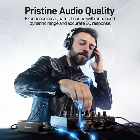 DJ using wired in-ear monitor amplifier with XLR and TRS inputs, mono and stereo modes, crystal-clear sound for drummers, bands.