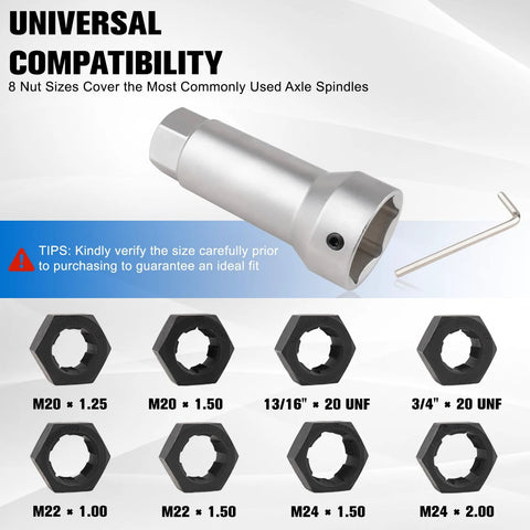 Axle spindle thread chaser set with 1-1/16 in extension bar and eight hex nuts in common M20, M22, M24 and UNEF sizes