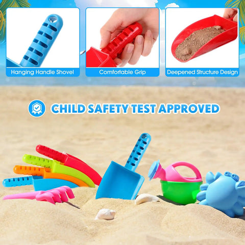 15 Pack 8 Inch Colorful Beach Sand Shovels For Kids Bulk Set Kid Friendly Sand Tools in sand with child safety approval badge.