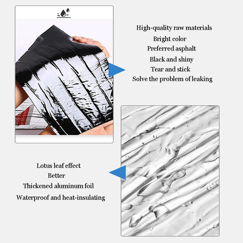 Heavy Duty Self Adhesive Flashing Tape Waterproof Roof Patch With Aluminum Foil Backing For Leak Repair Ice And Water Shield No Sweat Quick Fix Real Deal Coverage, black shiny surface, showing tear and stick usability.