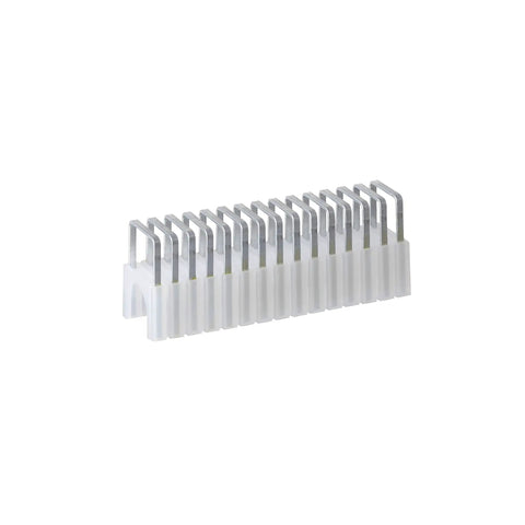 Five Sixteenth Inch By Five Sixteenth Inch Black T59 Staples For Data And Communication Cables Ideal For CAT5 CAT6 RG6 RG9 Coax And Phone Lines Designed To Work With Your T59 Staple Gun, angled view of clear insulated staples stacked together.