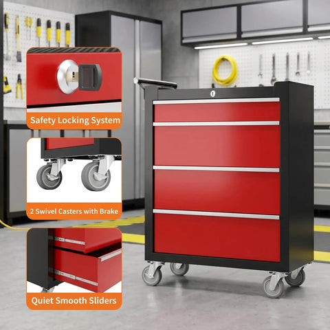 Badass Workhorse Rolling Tool Chest Heavy Duty Locking Casters Rock Solid Four Drawer Steel Organizer Pro Grade Portable Cabinet For Garage And Workshop Sleek Black Red Finish