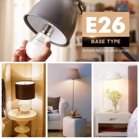3W Led Bulb, 25W Incandescent Equivalent, 2700K Warm White, E26 base inserted in lamp, cozy lighting in various settings