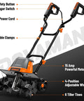 18 Inch Electric Garden Tiller With 9 Inch Tilling Depth, A Workhorse 15 Amp Corded Cultivator, foldable handle, adjustable wheels