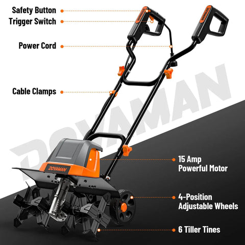 18 Inch Electric Garden Tiller With 9 Inch Tilling Depth, A Workhorse 15 Amp Corded Cultivator, foldable handle, adjustable wheels