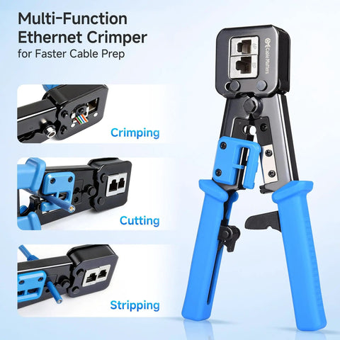 Pass Through RJ45 Crimp Tool for Cat6 Ethernet Cables With Built In Wire Cutter And Stripper, Pro Grade Modular Crimper for quick, clean terminations displayed in three functions: crimping, cutting, stripping.