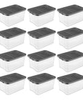 Heavy Duty 76 Quart Plastic Storage Bins With Snug Lids For Garage Organization Knock Out Messy Clutters With These Stackable Clear Base Gray Lid Totes Perfect For Sneakers And Supplies In A Rad 12 Pack Set.
