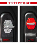 Red ABS door lock buckle trim for Jeep JL/JLU and Gladiator JT; two-panel view shows before silver latch, after red cover