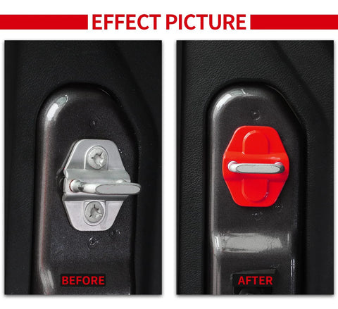 Red ABS door lock buckle trim for Jeep JL/JLU and Gladiator JT; two-panel view shows before silver latch, after red cover