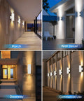 Two Pack White Outdoor Wall Sconces With Dusk To Dawn Auto On Off, No Fuss Up And Down Modern Exterior Light Fixtures in various settings