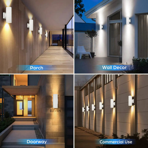 Two Pack White Outdoor Wall Sconces With Dusk To Dawn Auto On Off, No Fuss Up And Down Modern Exterior Light Fixtures in various settings
