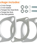 Badass Three Inch Two Bolt Exhaust Flange Connection Kit With Sealed Chrome Gaskets And Heavy Duty Hex Nuts showing two chrome flanges and hardware.