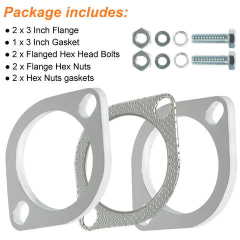 Badass Three Inch Two Bolt Exhaust Flange Connection Kit With Sealed Chrome Gaskets And Heavy Duty Hex Nuts showing two chrome flanges and hardware.
