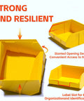 Close-up view of yellow plastic bin with slanted opening, part of Wall Mounted Storage Bins For Garage Organizer 30 Piece Plastic Tool Bins In Black And Yellow Must Have Durable Heavy Duty Small Hardware Parts Organizer For Screws Nuts Bolts And Other Tiny Parts.
