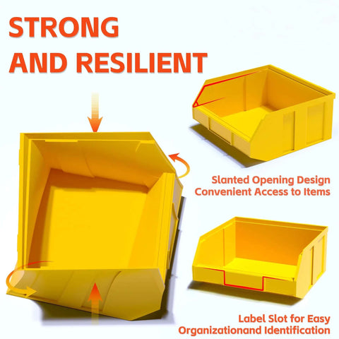 Close-up view of yellow plastic bin with slanted opening, part of Wall Mounted Storage Bins For Garage Organizer 30 Piece Plastic Tool Bins In Black And Yellow Must Have Durable Heavy Duty Small Hardware Parts Organizer For Screws Nuts Bolts And Other Tiny Parts.