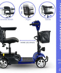 Side view of blue Folding Mobility Scooter for Adults With 300W Motor, 20Ah Battery, showing armrest, seat height, swivel features.