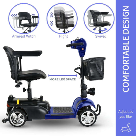Side view of blue Folding Mobility Scooter for Adults With 300W Motor, 20Ah Battery, showing armrest, seat height, swivel features.